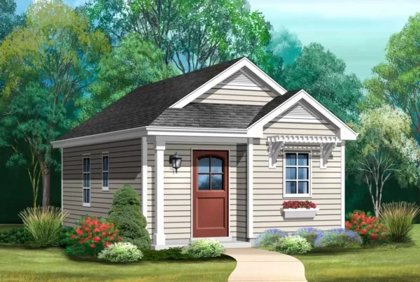 Rendering of a tiny yellow home built in the backyard of another home.