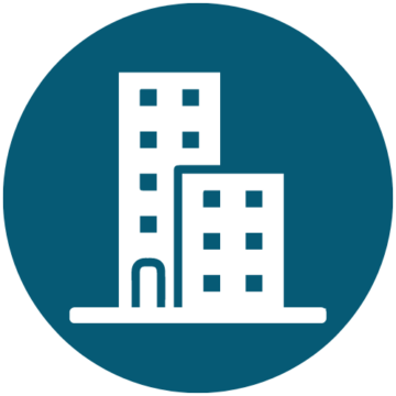 Graphic icon depicting an office building in blue and white